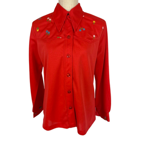 Vintage Retro Top Red Orange Embroidered Pointed Collar Button up Women's L